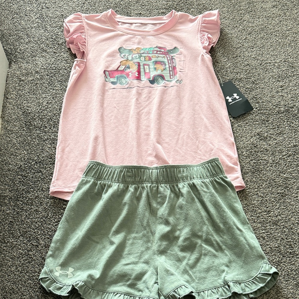 Under Armour Girls 2 Piece Outfit Set Size 6X Pink Shirt & Green Shorts NWT